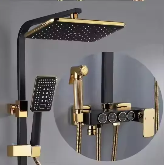 

Elegant Luxurious Black Gold Square Thermostatic Shower Faucet 304 Stainless Steel Single-Handle Brass Ceramic Valve Massage Jet