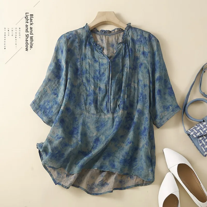 

Женский топ Midi Sve irt из хлопка и льна в стиле ретро, большой размер, модный аккордеон, плиссированный топ, нерегулярный верх