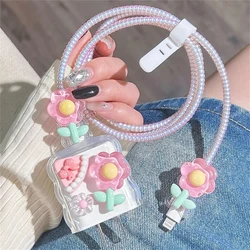 3D Pink Flower Cable Charger Protector Cover For Iphone 15 14 13 Pro Max 18W 20W Charger 2024 New Data Line Protective Sleever