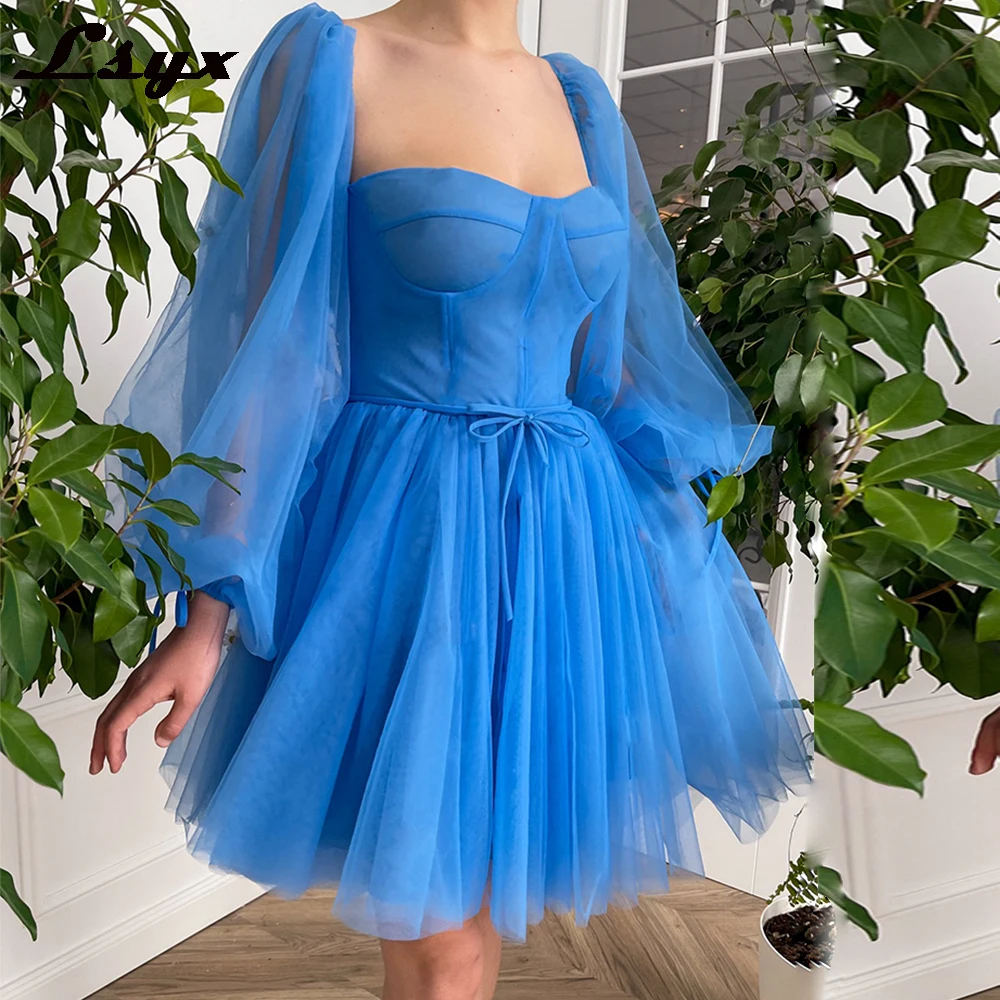 

LSYX Above Knee Mini Length Square Neck Tulle Prom Evening Gown Long Puffy Sleeves Backless Prom Dress