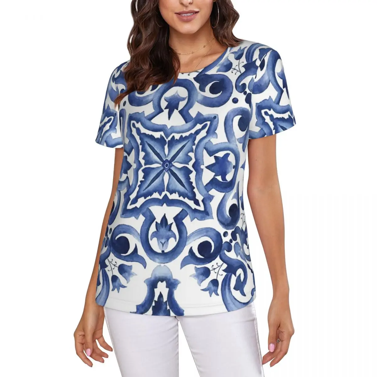 Blue Ornate Floral Mediterranean Sicilian Tile T-Shirt Women Short Sleeve T Shirts O-Neck Streetwear Cotton Summer Tees