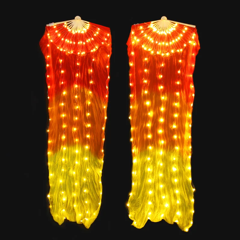 Belly Dance LED Fan Accessories Silk Fans Women LED Light With Battery 1PC/1pair Stage Performance Props Red-Orange-yellow