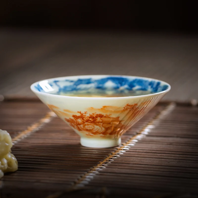 Bamboo Kiln Hand-Painted Landscape Cup inside and outside Painting Blue and White Alum Black Tea Cup Kung Fu Tea Set Bamboo-Hat