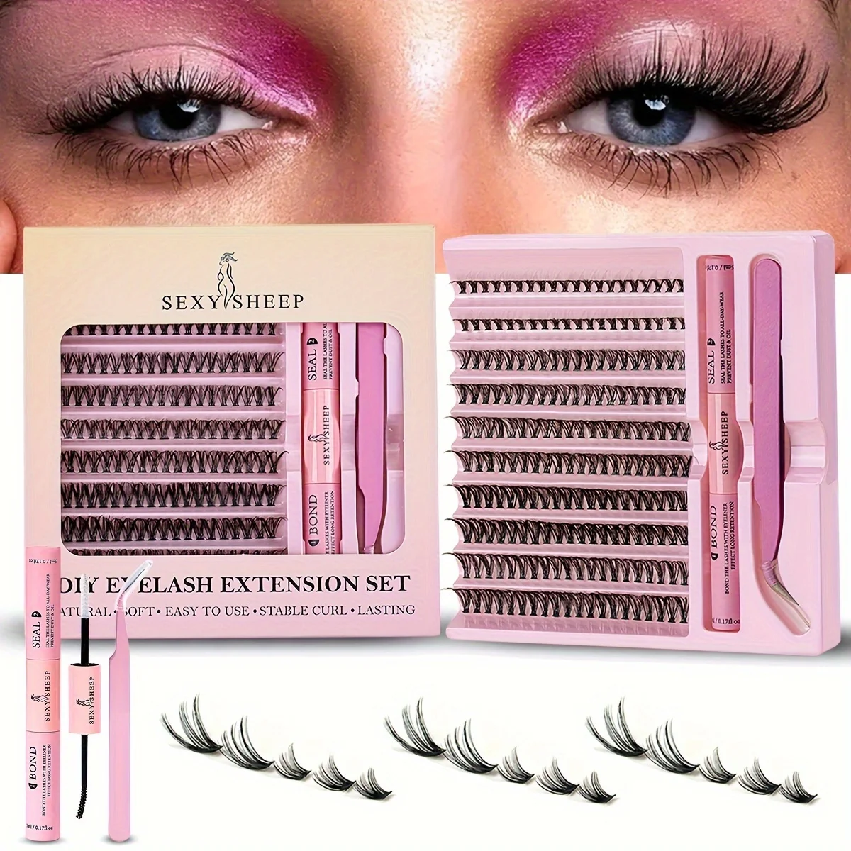 200 pcs DIY Lash Extension Kit Cluster Eyelash with tweezers with Lash Bond and Seal Lash Glue and Lash Applicator Makeup Tool