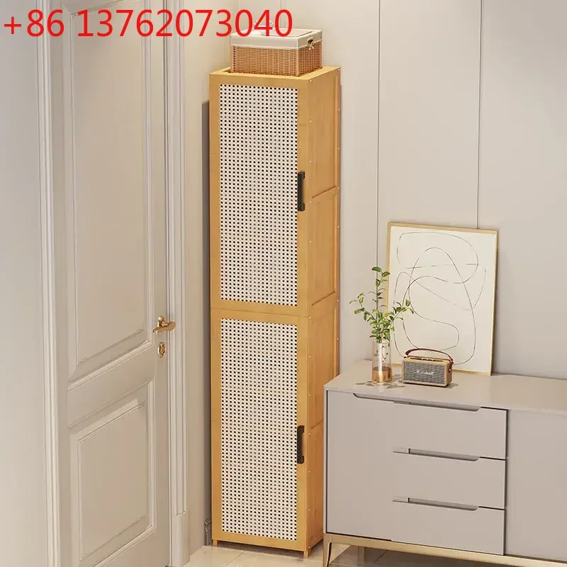 

Bamboo Multi-Layer Shoe Cabinet, Simple Dustproof Entryway Storage, Narrow Door Shoe Rack with Wicker Design for Home Use