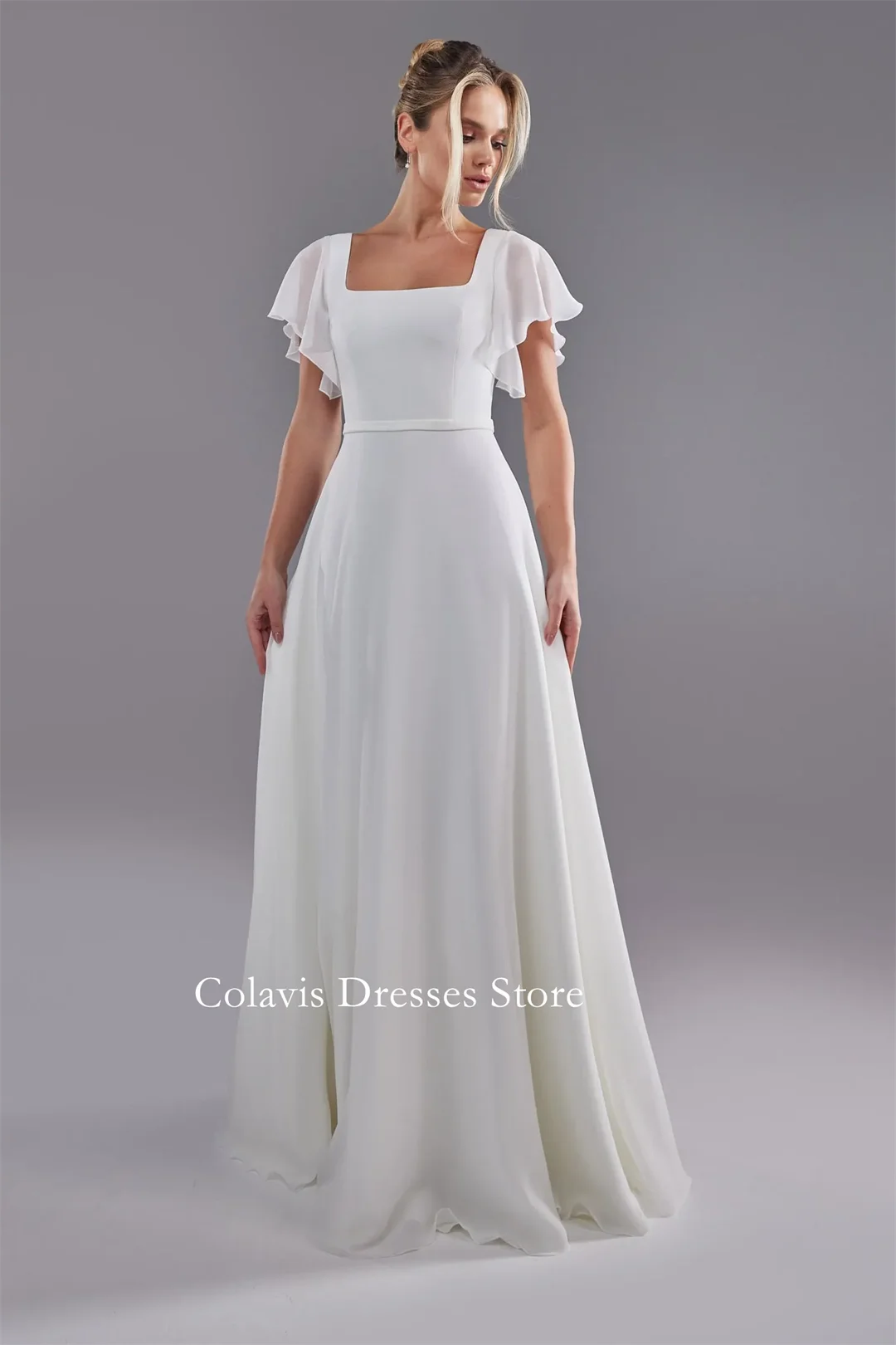 Fanan Simple A-Line Chiffon Gown Wedding Dress Flutter Sleeve Square Neck Customized Satin Bridal Party Gown Vestidos De Novia