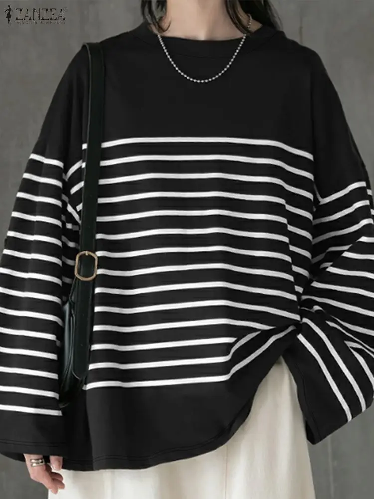 Mode femmes sweats ZANZEA automne surdimensionné sweat décontracté col rond à manches longues rayure pull femme ample tricoté hauts