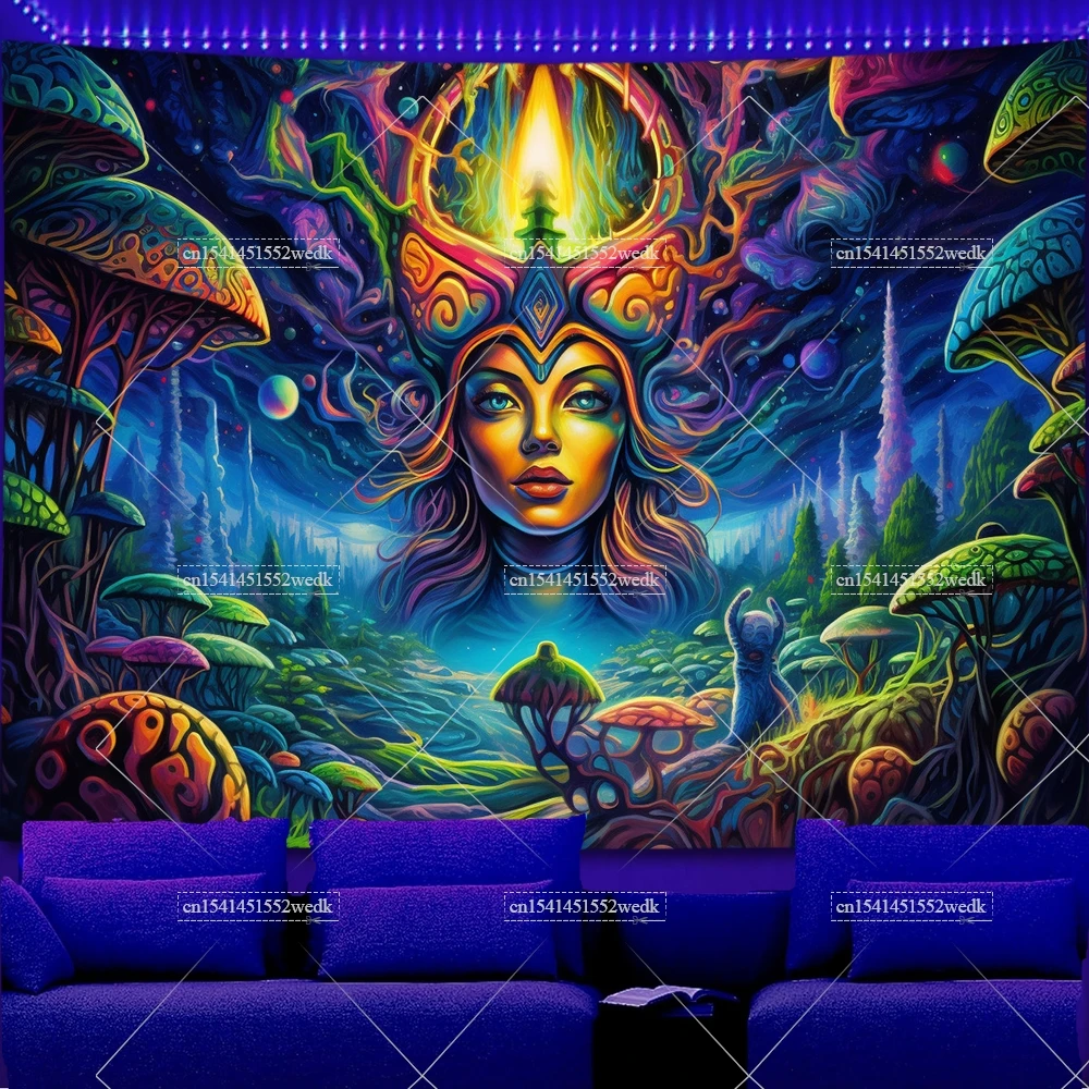 Psy Fairy Elf Blacklight Tapestry UV Reactivel Mushroom Forest Glowing Tapestries Landscape Black Light Tapestrys Neon Posters