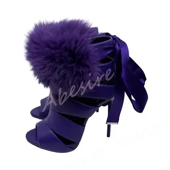女士紫色露趾毛絨高跟鞋夏季細高跟側拉鍊踝部繫帶短靴性感夜店派對女鞋 8 最佳銷售 毛茸茸的高跟鞋 - №3