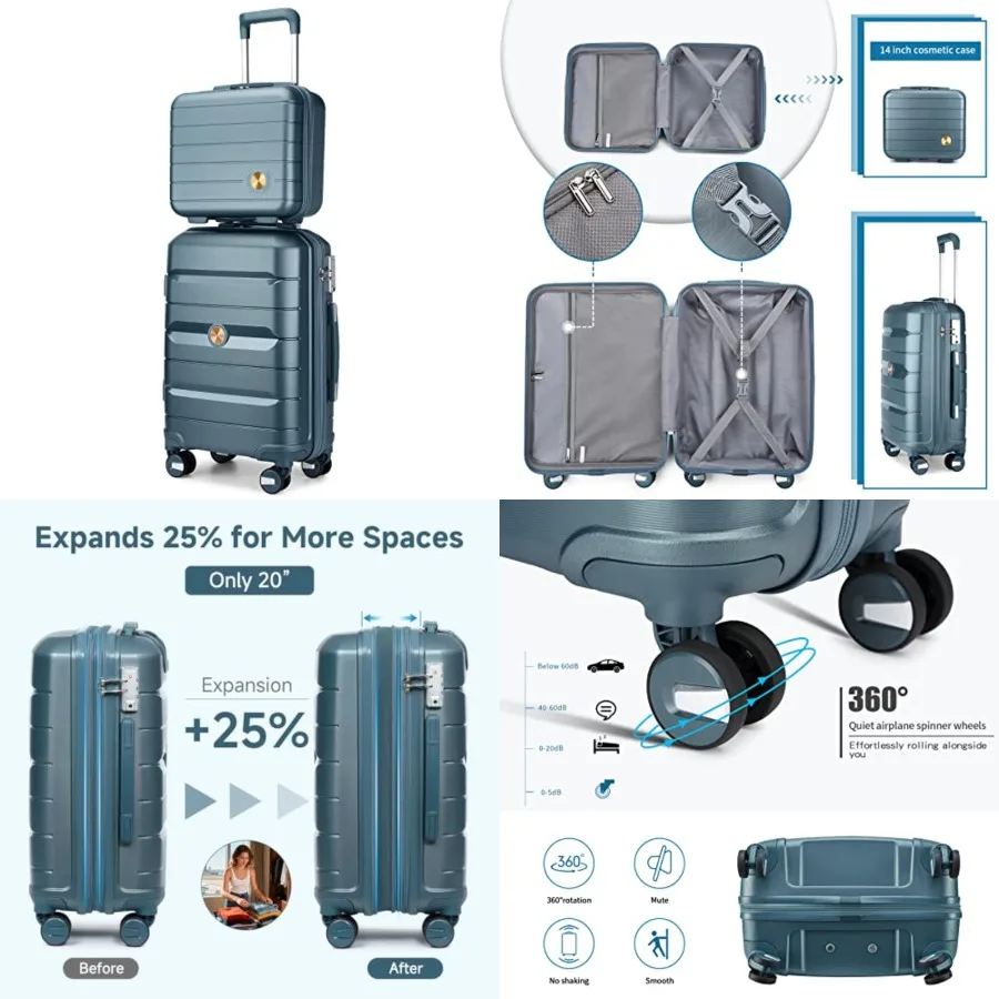 

20" Carry On Luggage and 14" Mini Cosmetic Cases Travel Set Lightweight Polypropylene Suitcase with TSA Lock YKK Zipper Hardsid