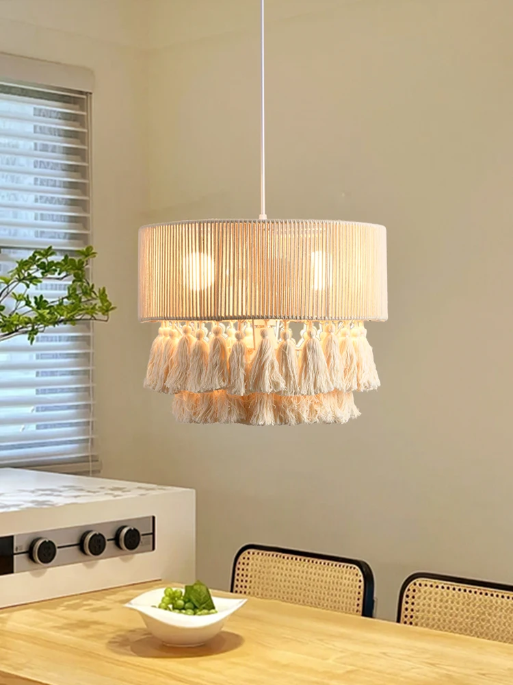 

Nordic Cream Style Cotton Thread Pendant Light Japanese Style Living Room Master Light Bohemian Style Tassel Lighting Fixtures