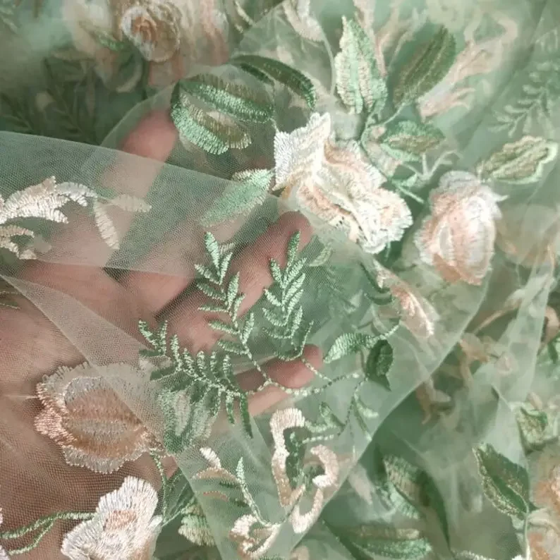 High quality flower Embroidery Lace Fabric Floral Soft mesh tulle fabric for Prom, Wedding gowns, Princess  , Haute Couture