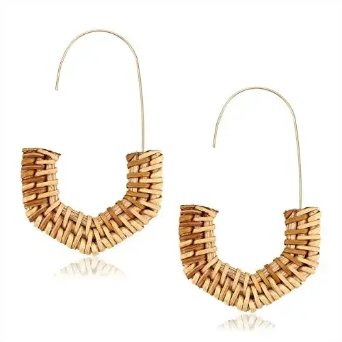 Rattan Earrings for Women Handmade Straw Wicker Braid Hoop Earrings Lightweight Wire Drop Dangle Earrings Fashion Jewelry