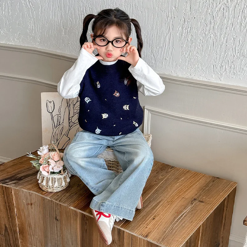 

Vest Grils Children Korean Loose Casual Sweet Cute All-matching Embroidered Little Owl Vest Spring New Fashionable Comfortable