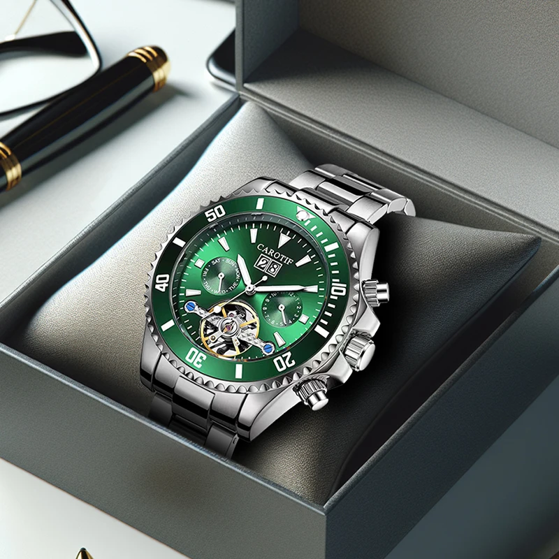 

Мужские серебристо-зеленые классические высококачественные механические наручные часы с турбийоном в деловом стиле и календарем