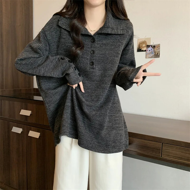 Pullovers Women Lapel Button Design Covers Stomach Appears Slim Loose Bottom Shirt Unique Medium Long Plus Size Odzież Damska