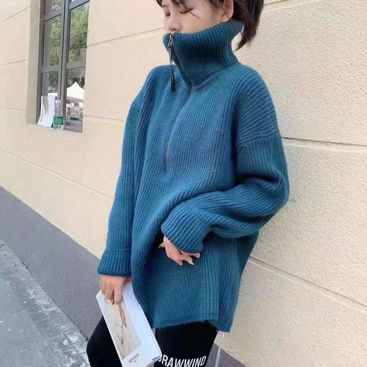 Half Zip High Neck Pullover Sweater for Women in Autumn and Winter, Loose Collar, Outer Knitted Sweater