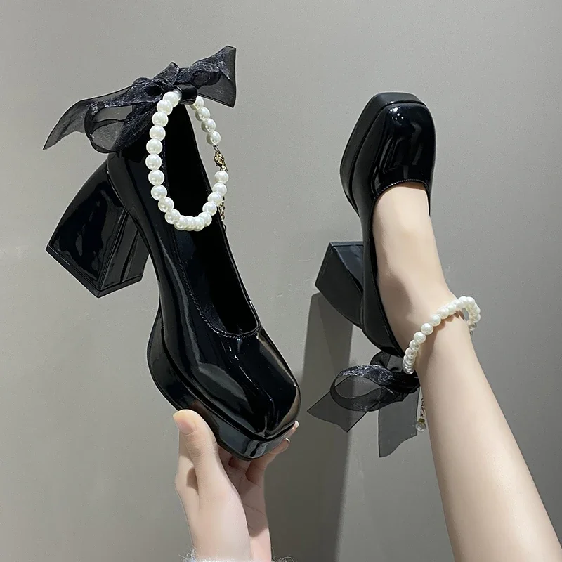 Ladies High Heels Elegant Bow Square Toe Black Fashion Women\'s Pumps Thick Heel Wedding Party Pearl Lace Wedding Shoes for Women