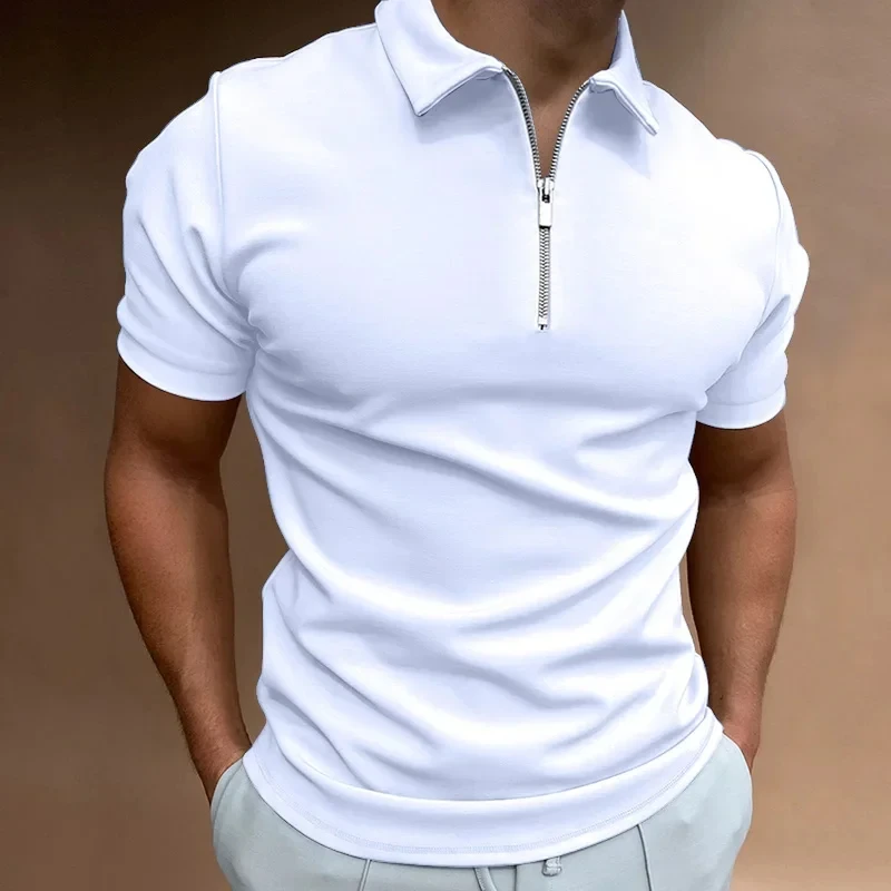 Summer Men\'s Solid Color Polo Shirt Short Sleeve Turn-Down Collar Zipper Tshirts &for Men Casual Streetwear New Male Tops