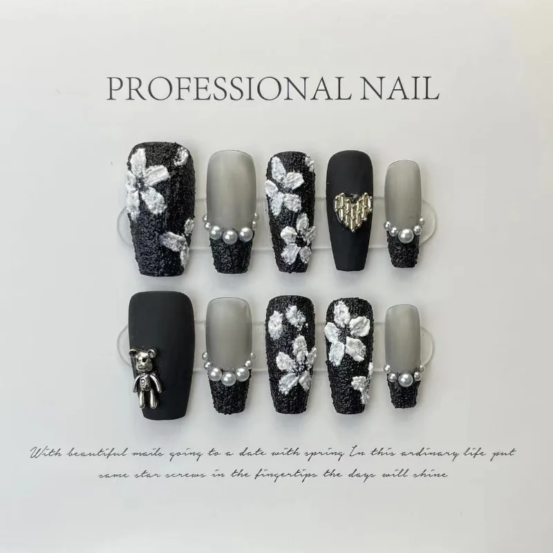 

10pcs Elegant Handmade Press on NailBlack with 3D hand-painted white camellia Decoration Long Wearable Artificial False Nail