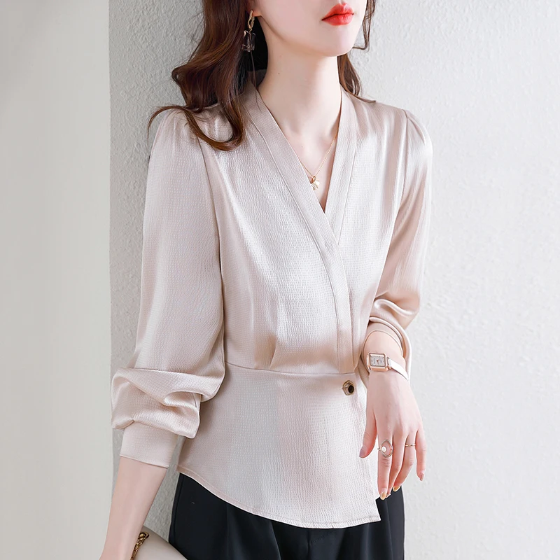 

Women's Long Sleeved V-Neck Chiffon Shirts Vintage Lantern Sleeves Solid Color Versatile Waist Irregular Chic Tops Blouse Blusas
