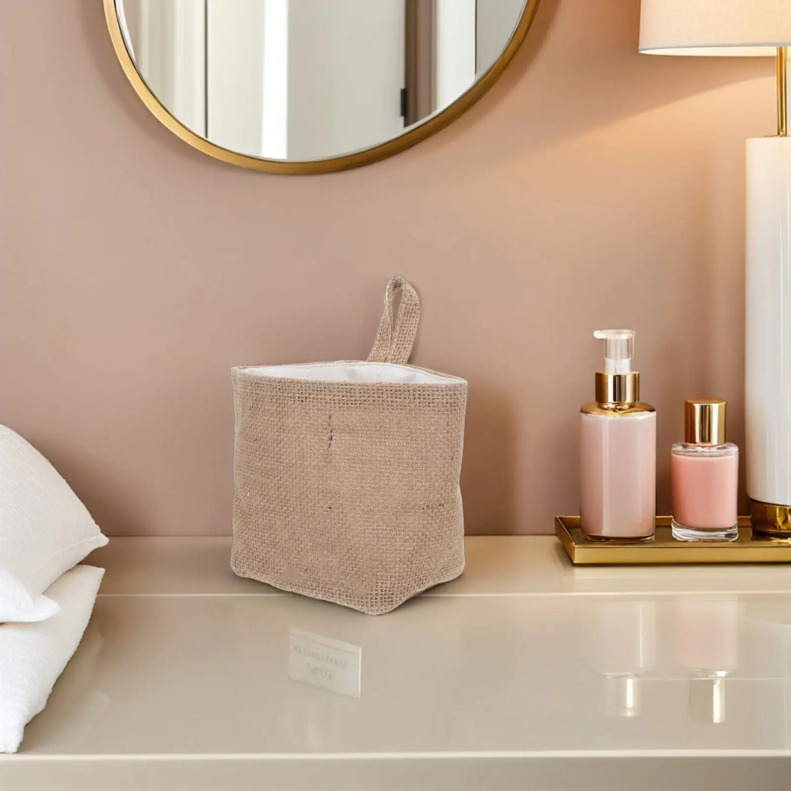 Handwoven Jute Desktop Organizer Basket Hanging Wall Storage Bin for Makeup Stationery Bedside Nightstand Coffee Table Tray