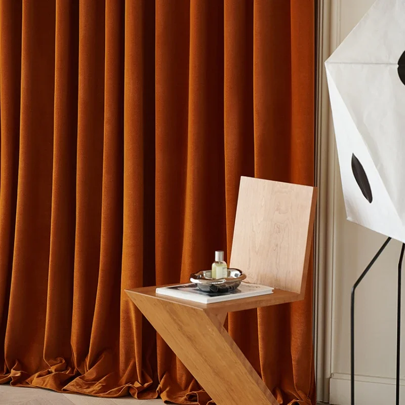 Retro Luxury Caramel Orange Window Curtain  Hanging Swan Velvet Curtains Warm Elegant Smooth Curtains for Bedroom Decoration