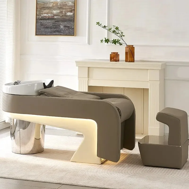Barber Shop Modern Simple Semi-Reclining Leather Shampoo Bed with Light Massage & Washing Functions for Hair Salon