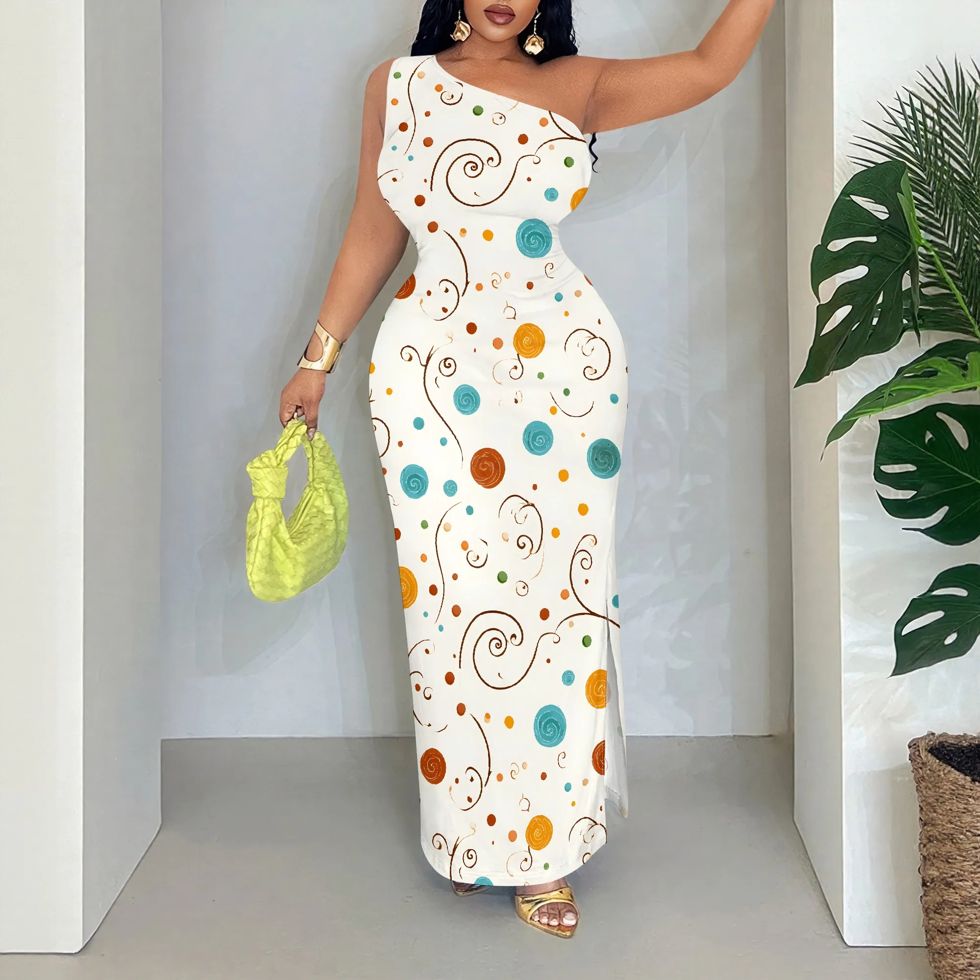 Abstract Print One Shoulder Dress, Swirl Pattern Maxi Dress, Sleeveless Bodycon Gown, Summer Beach Vacation Wear, S-2XL
