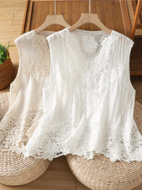 

Korean Style Lace Trim Sleeveless Top Women's Summer Fashion Artistic Design Slimming Vest Breathable Casual Cotton Blend