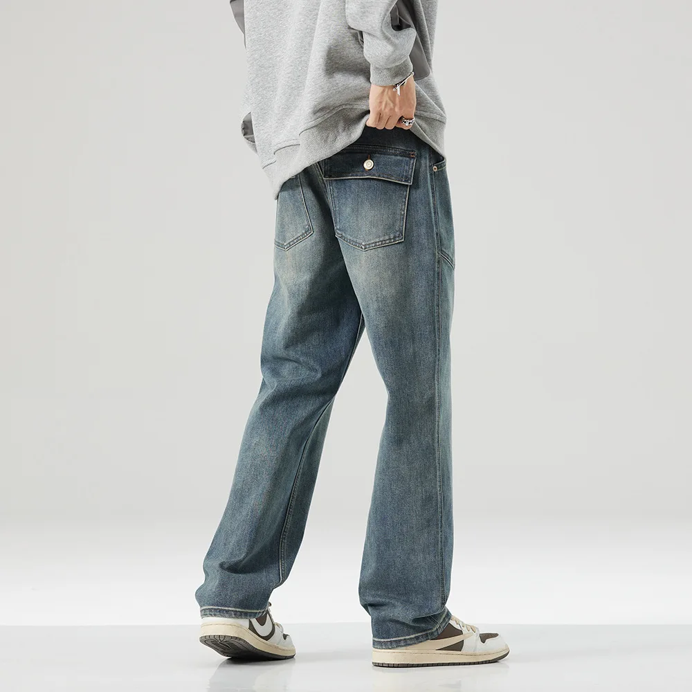 High quality long straight jeans for men big size stone wash cotton denim casual vintage loose trousers new 2024 clothing - blue