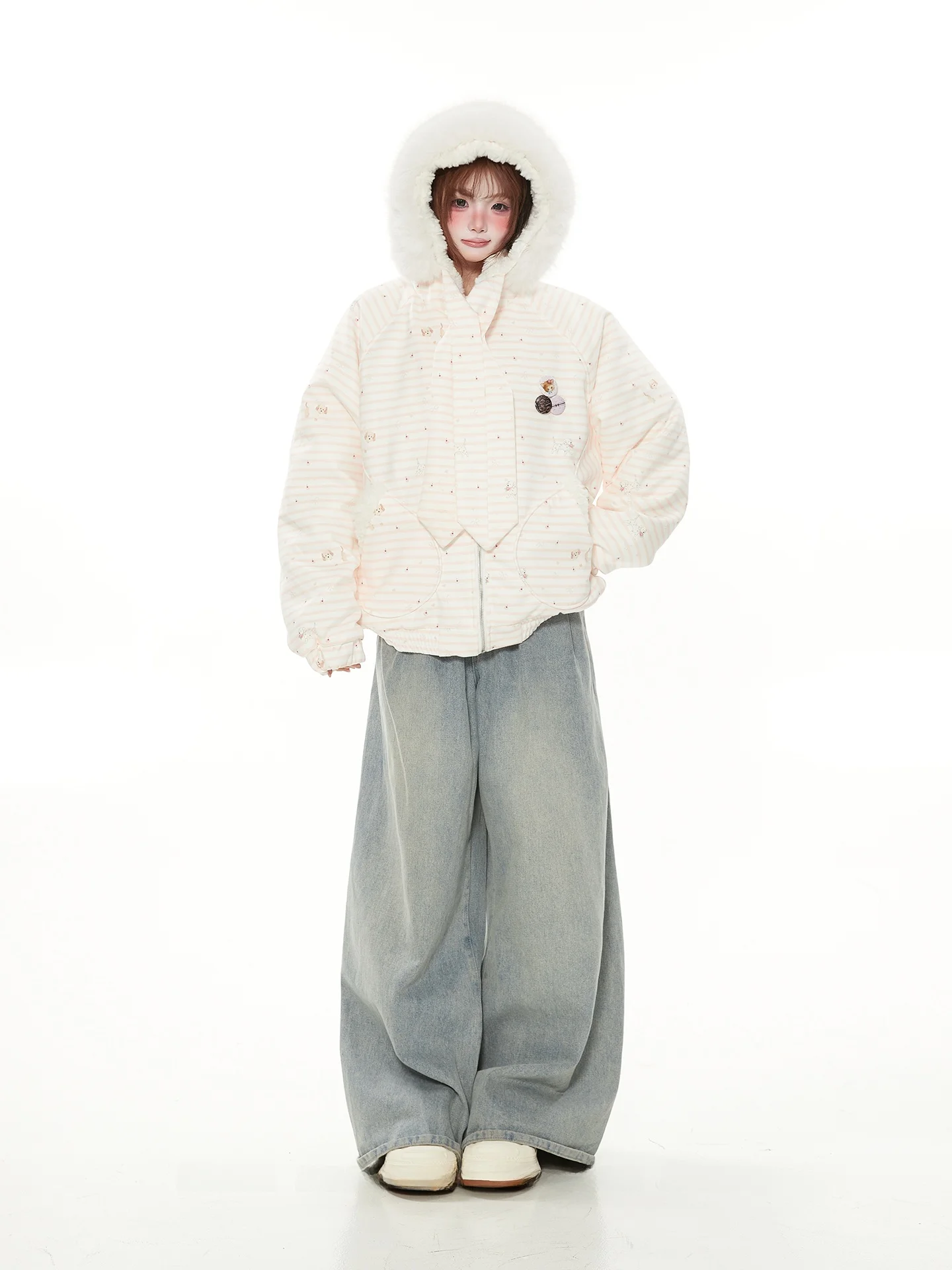 Sweet Adorable Thickened Fluffy Hooded Cotton Jacket Women's Bow Print Winter Coat Pink Stripes Fur Collar Removable Polyester