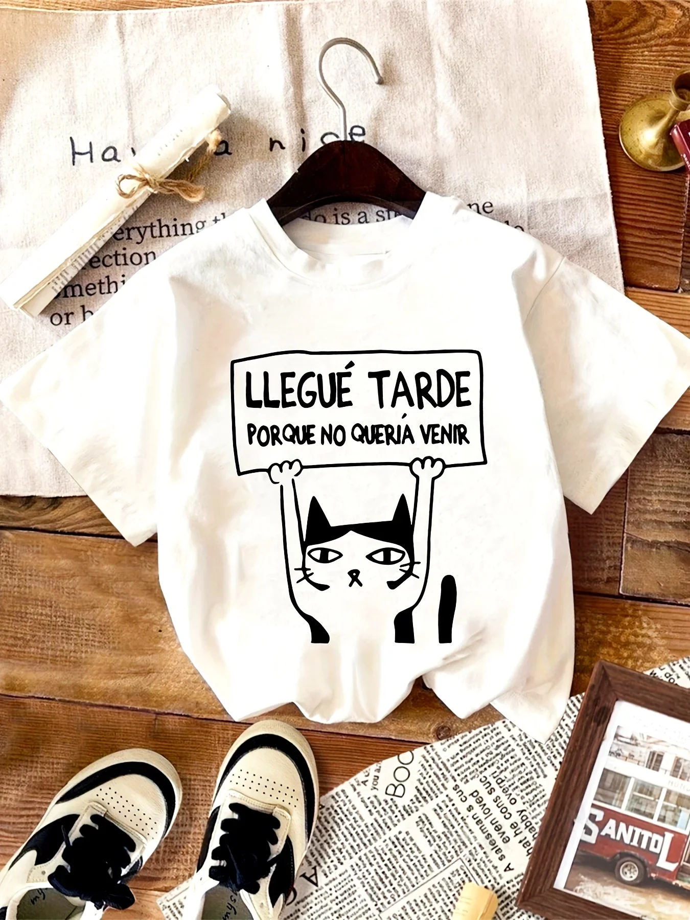 Women's Cute Cat Letter Print T-Shirt Llegue tarde Porque No Queria Venir Casual Short Sleeve Round Neck Top for Cat Tshirt