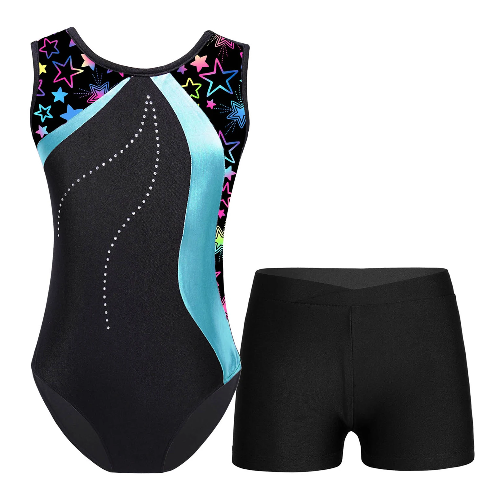 Kids Girls Sleeveless Ballet Dance Leotard with Athletic Shorts for Unitards Biketards Gymnastics Stage Performance Competition