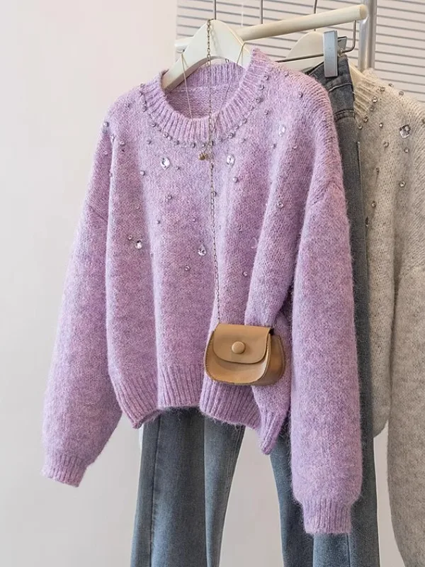 Elegant Purple Diamond Embellished plus Size Women's Knitwear Shoulder Length Cashmere Sweater Comfortable Loose Fit Winter Top