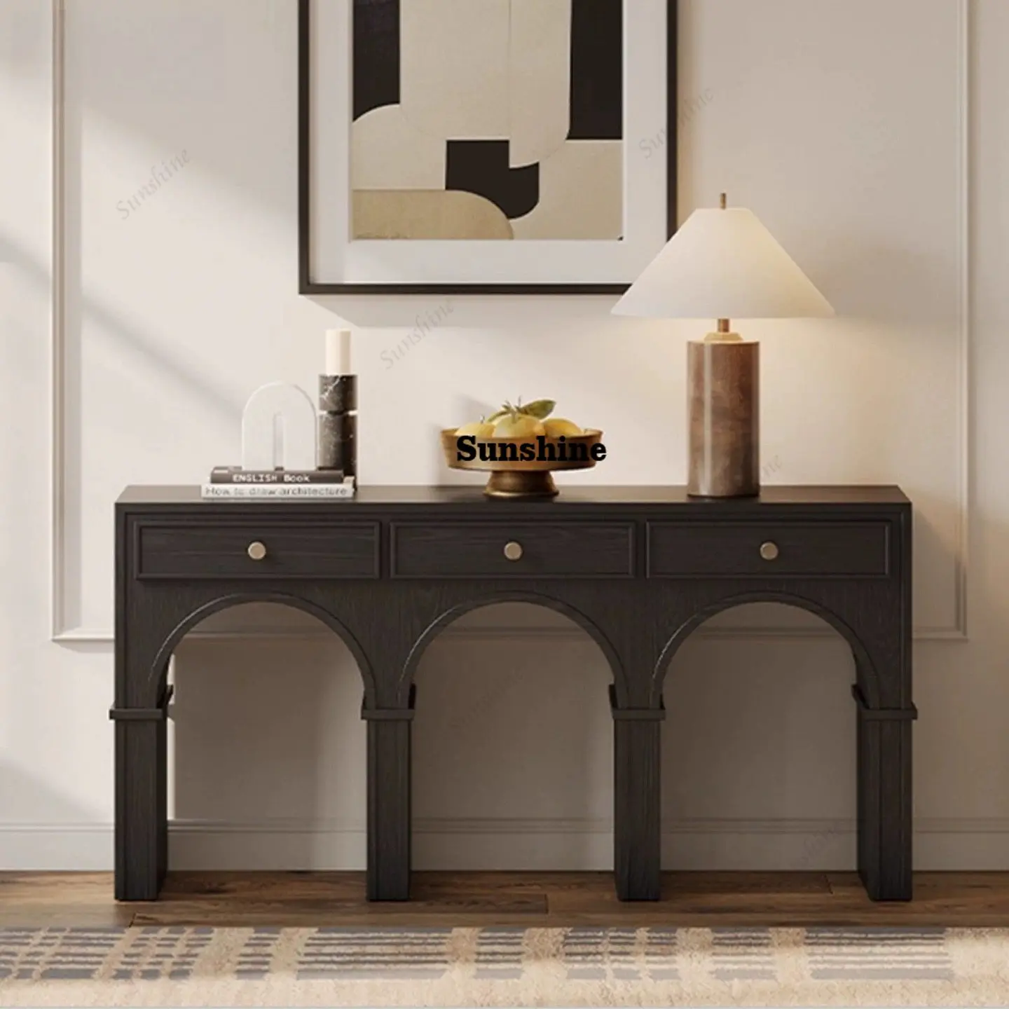 Mid-Century Solid Wood Entrance Cabinet, Living Room, Wall Arch Decorative Cabinet, Wealth Gathering Entrance Table