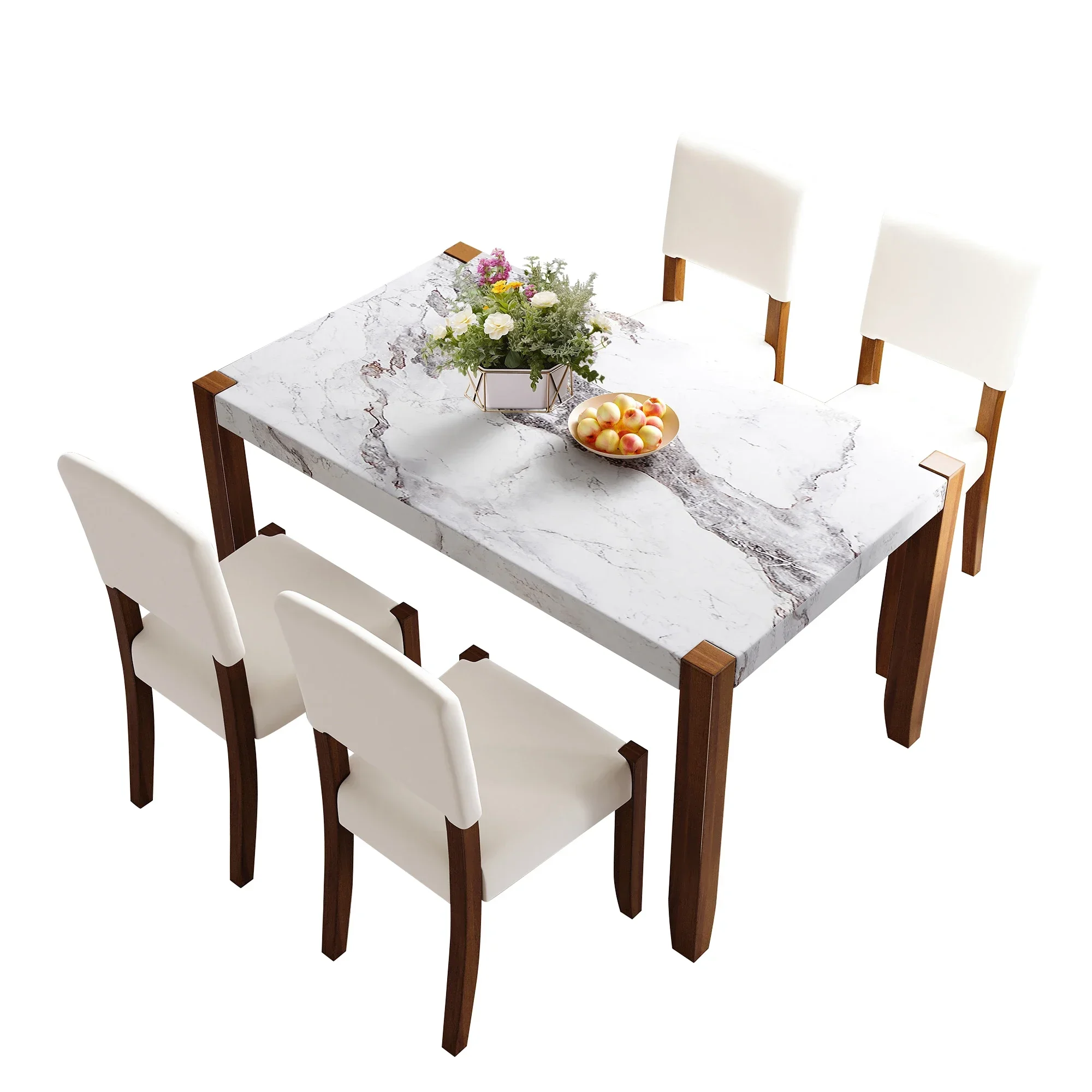 Modern 5-Piece Dining Set 46 Inch Faux Marble Style Table 4 Upholstered Solid Rubberwood Chairs Adjustable for Home Kitchen Use