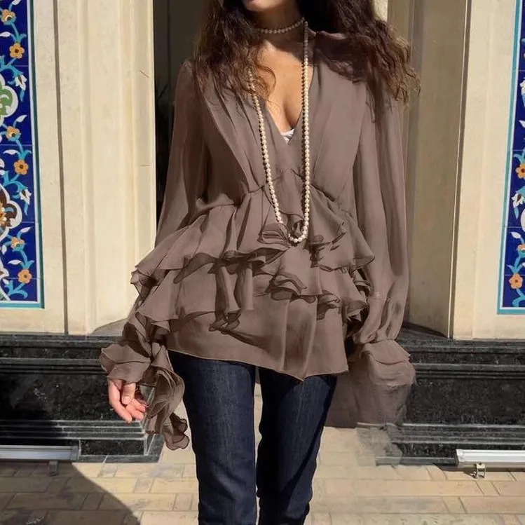 Loose Long Sve V-ne irt Pleated Commuter Versatile Top Women's Faion Summer Chinese Sle Clothing Casual Wear