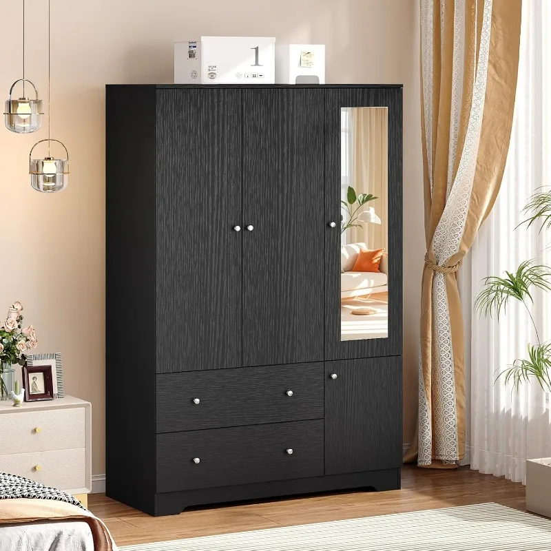 VINGLI Armoire Wardrobe Closet with Doors and Mirror Wardrobe Cabinet Wooden with Hanging Rod & Shelves Inside Bedroom Armoires