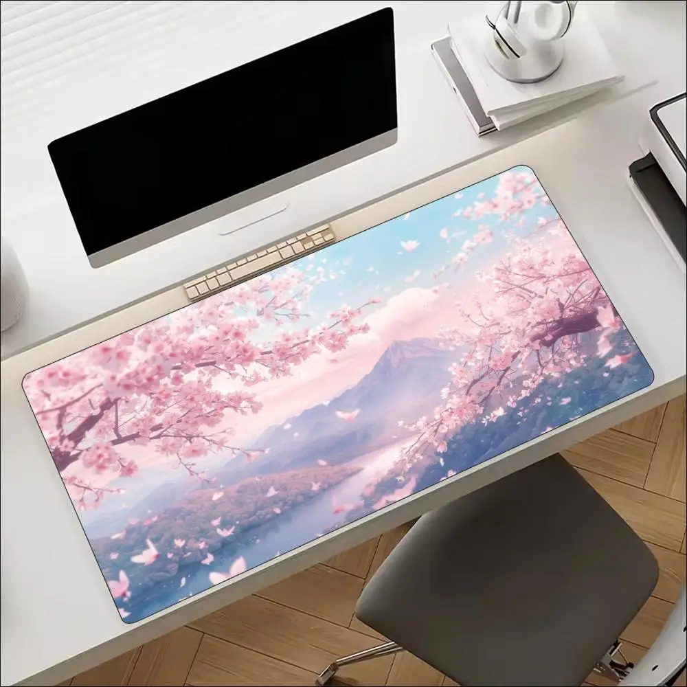 Dreamy Pink Sakura Mount Scenery Art Large Extended Mouse Pad Non-Slip Rubber Base With Stitched Edges For Gaming And Office Use