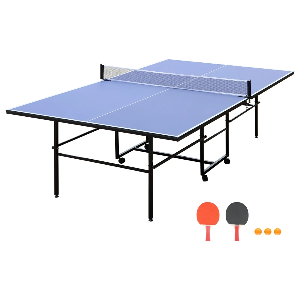 9ft Mid-Size Table Table Foldable & Portable Ping Pong Table Set for Indoor Games with Net, 2 Table Tennis Paddles and 3 Balls