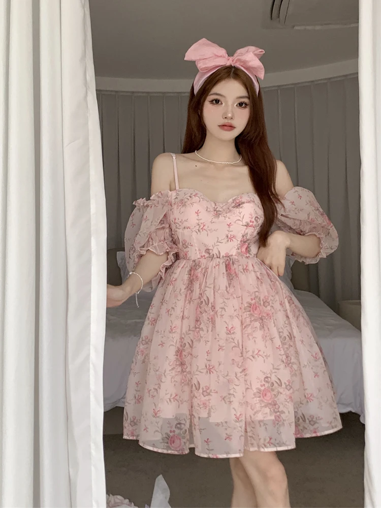 

Floral Print Princ Sle Puffy Sve ort Dr Women's plus Size Summer Casual A-Line Skirt High Waist Bubble Sve Dr