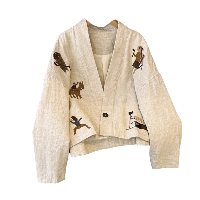 

Ele Casual V-Ne Linen Jaet ex Spring Autumn Loose Slimming Top Faionable Versatile Classic Sle Long Sve