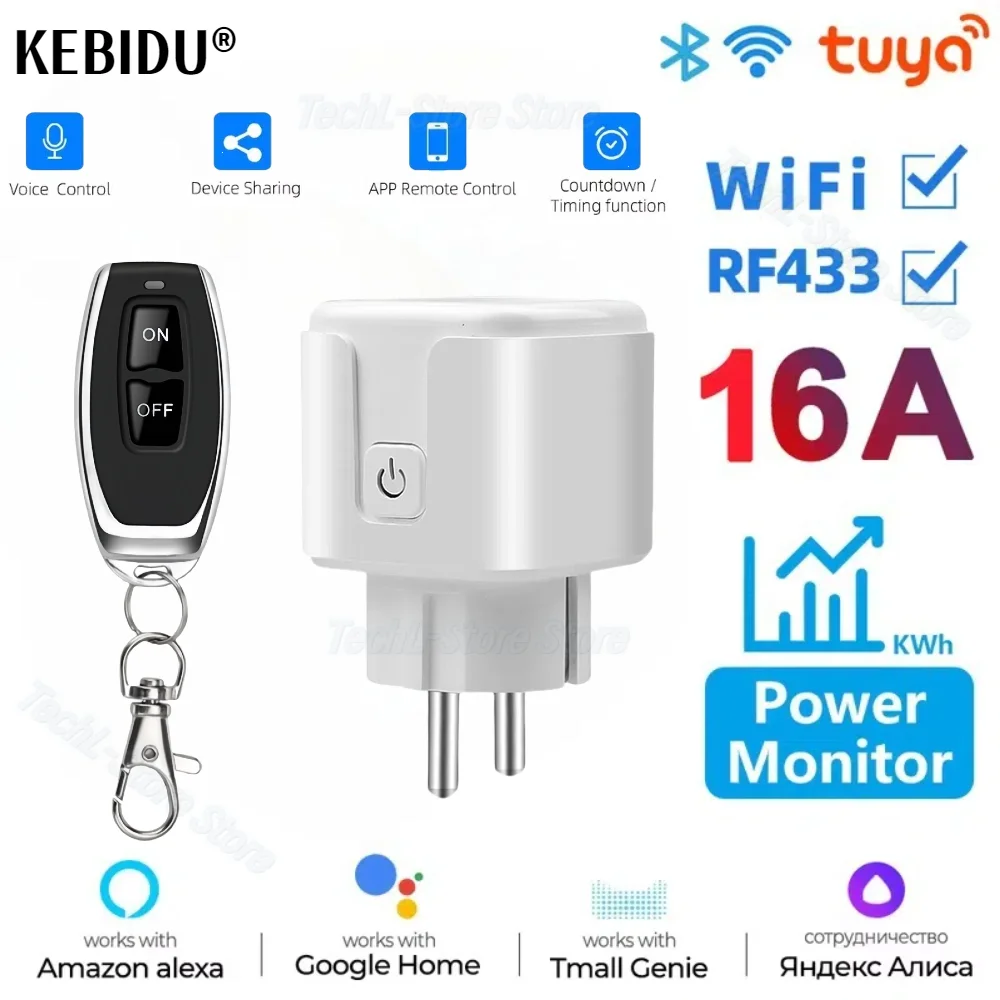 Smart Socket 16A Wifi Smart Plug 433 Mhz RF Wireless Remote Control EU FR Plug With Power Monitoring for Google Assistant Alexa