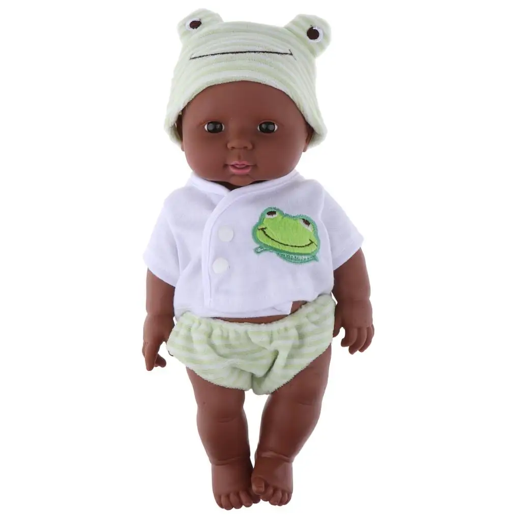 30cm Real Life Newborn Doll Vinyl African Newborn Infant in Clothes Green