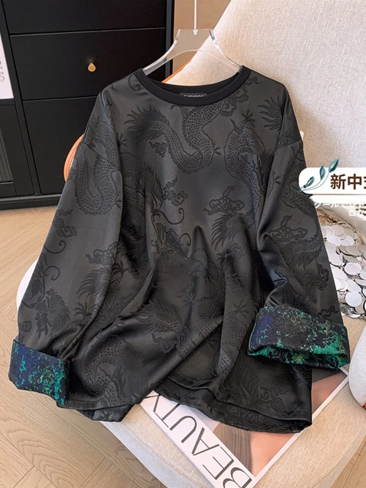 Elegant Silk Shirt Ladies' Premium Dragon Year Embroidery Satin Fabric Chic Top Chinese Style Clothing Ladies' Premium Shirt