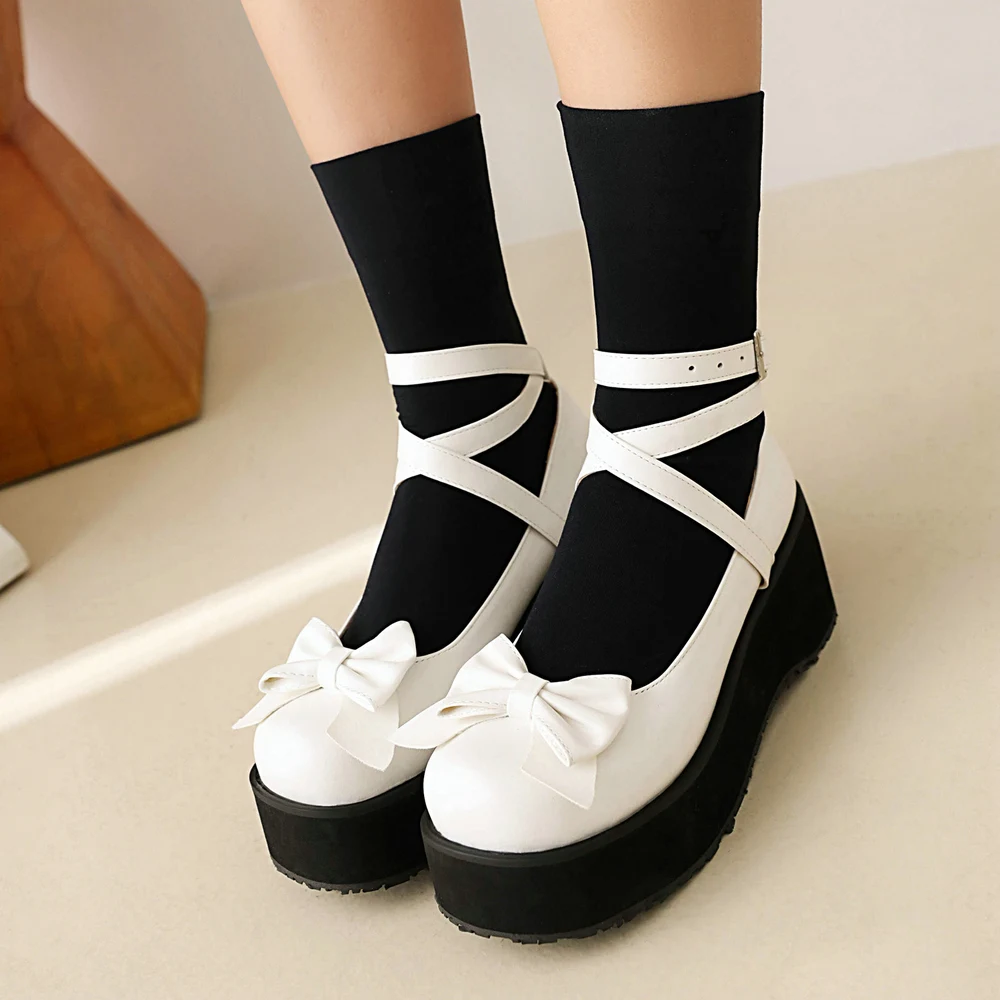 Plus Size Wedges Lolita Shoes High Platform Sweet Bow Ankle Strap Cosplay Party Pumps Spring Autumn Fashion Wear Pink Black