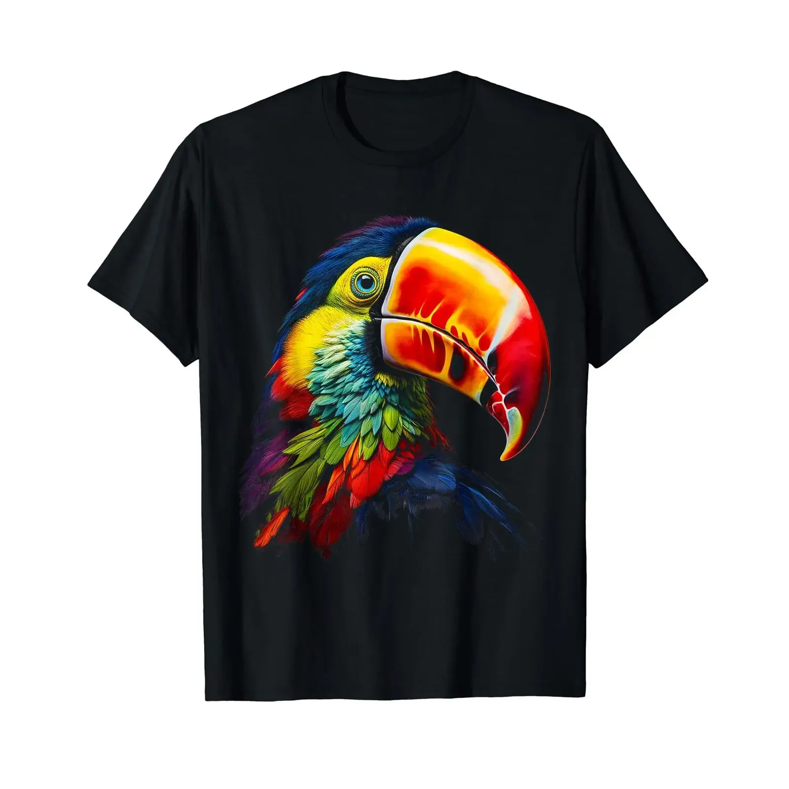 Toucan Bird Art Face Animal Coloful Pattern T Shirt Black S vintage Washed Top For Everyday Wear homme Slightly Stretched