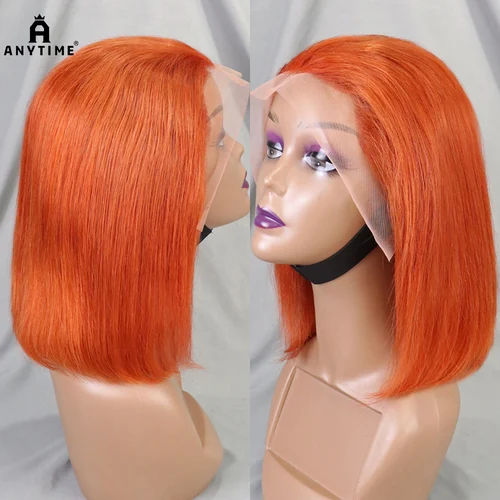 Imagen 1 del producto Pelucas de cabello humano liso Bob de 200% de densidad, pelucas de cabello humano Frontal de encaje transparente 13x4, cabello humano 100%, peluca de color jengibre 99J