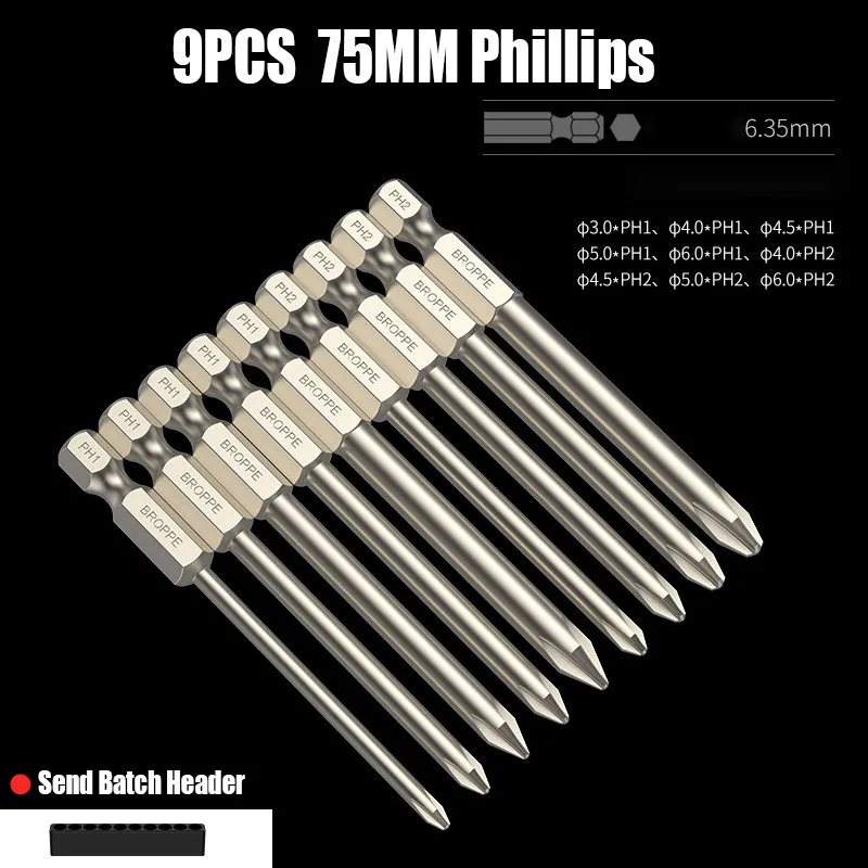 50/75/100/150mm Phillips Electric Screwdriver Bit PH0/1/2 Magnetic Screw Driver Bit S2 Alloy Steel High Hardness Batch Head Bit